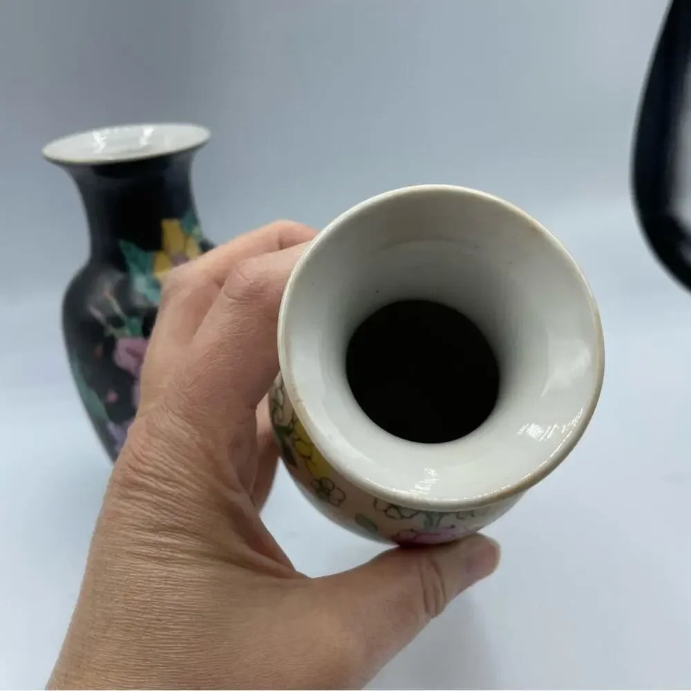 Vintage Mini Vase Set Black & White Floral Made in China